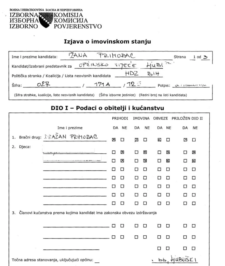 Imovinski karton Žane Primorac